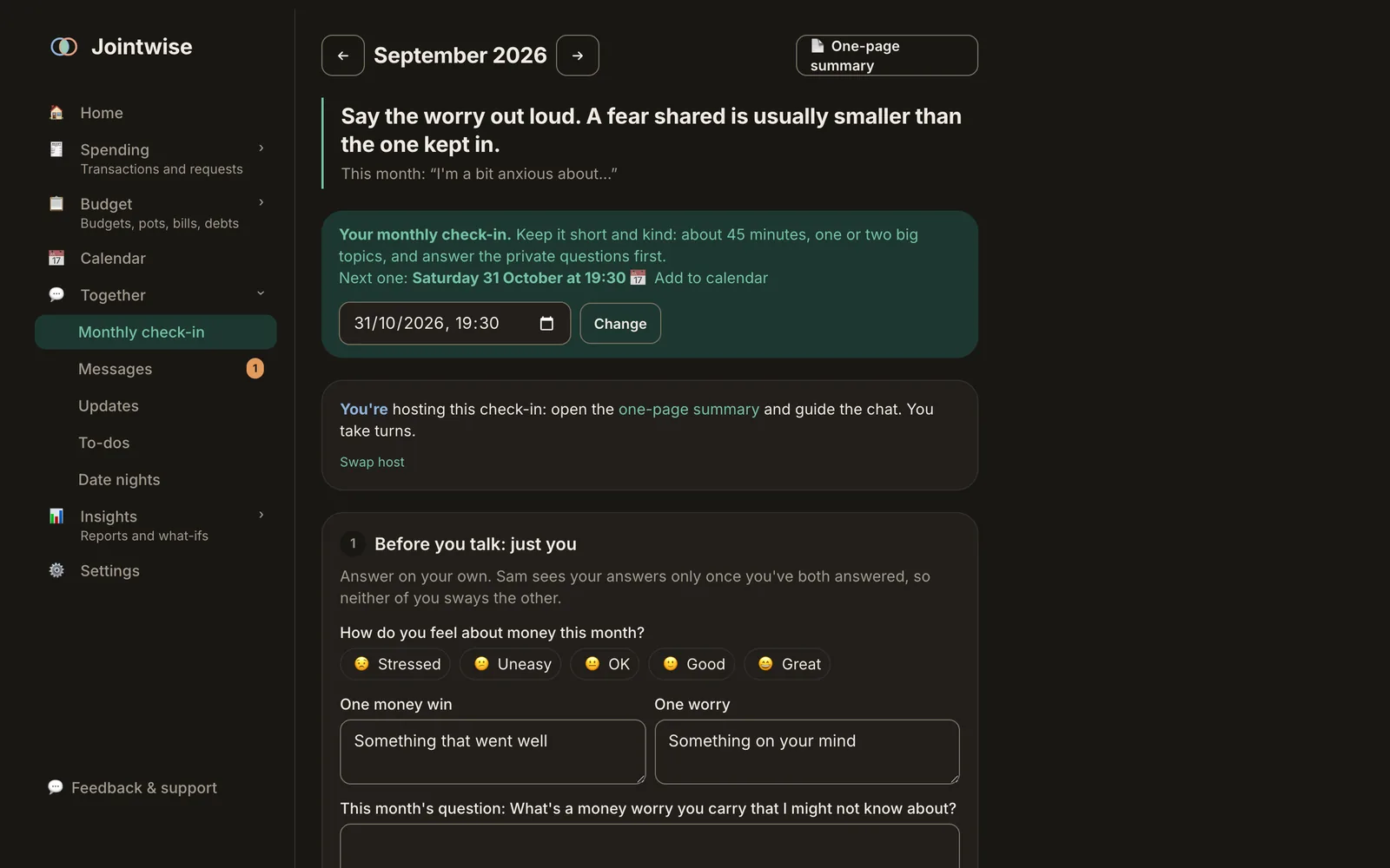 The monthly check-in with private questions and the month's agenda