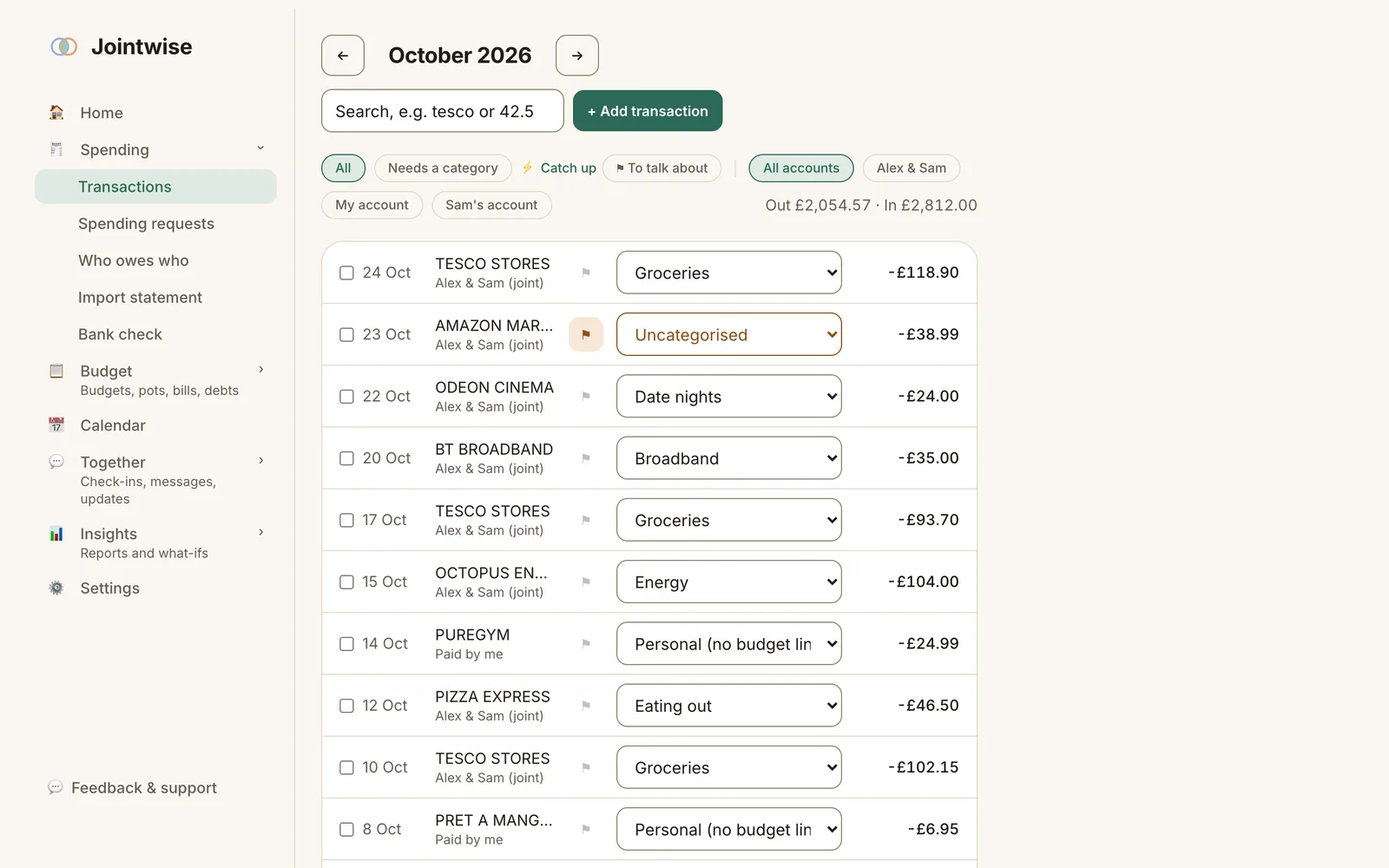 A month of transactions sorted into budget lines