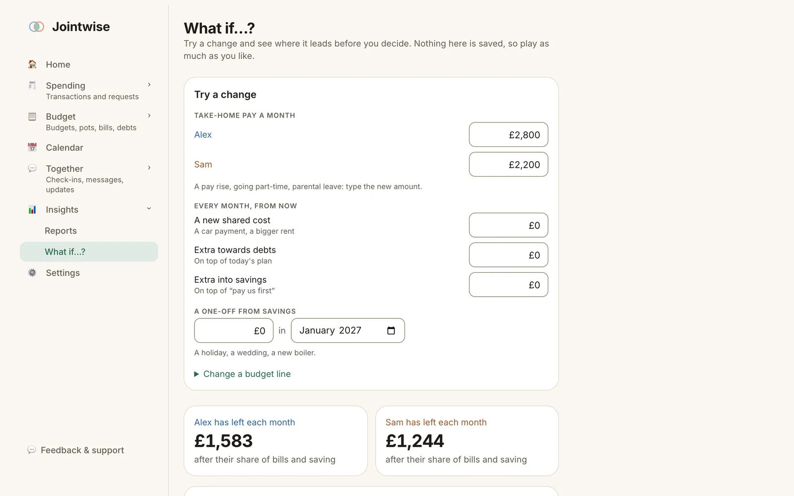 The What if planner showing each person's money after a change
